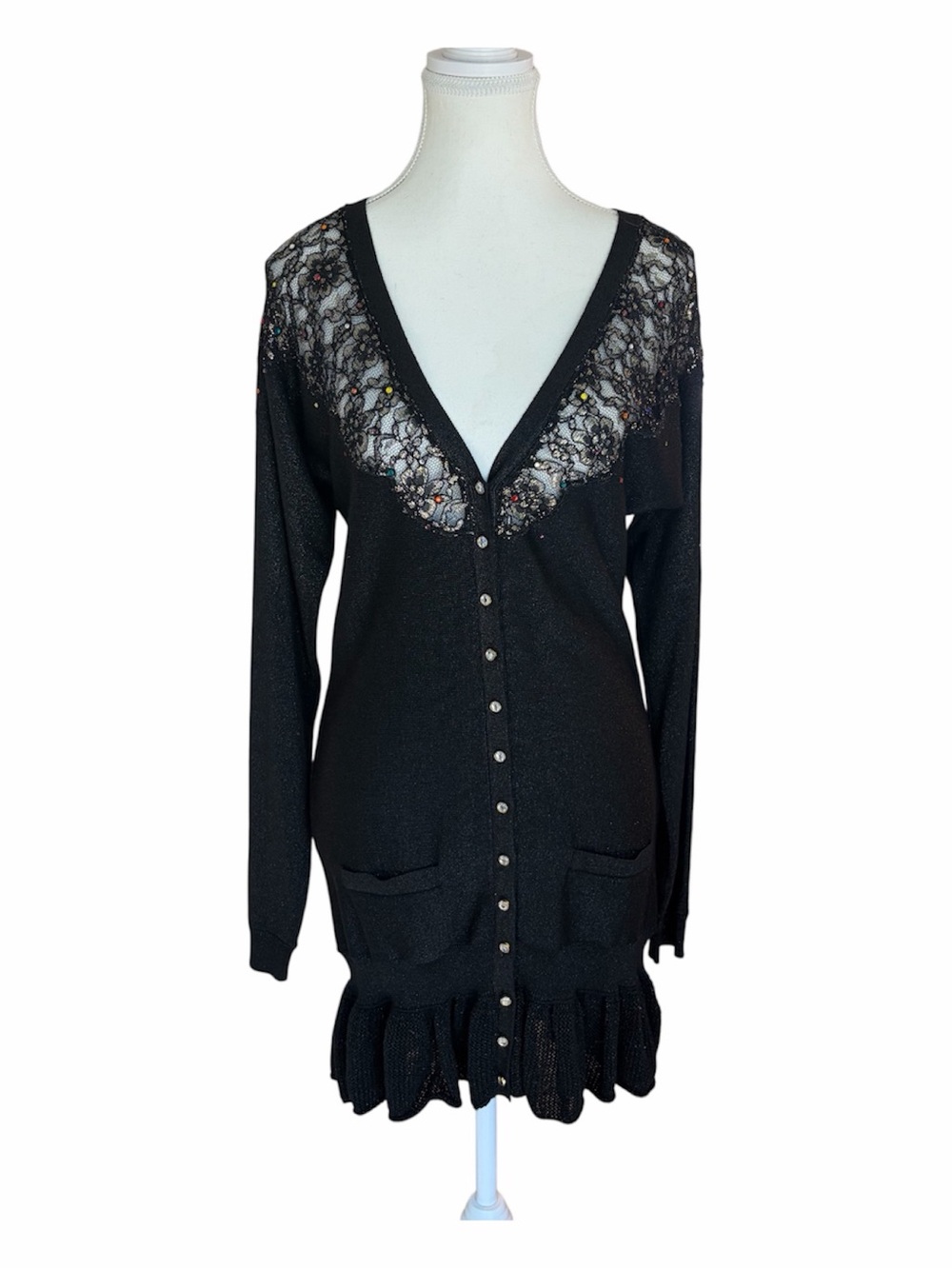 Vintage Betsey Johnson L Black Sparkly Lace Jeweled Cardigan Top Or Dress